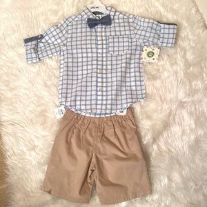LITTLE ME Boy 2-Piece Roll Up Tab Sleeve Short Set Tan Blue Bow Tie Size 3T NEW